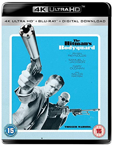 The Hitman's Bodyguard 4K Ultra HD Blu-ray cover featuring Ryan Reynolds and Samuel L. Jackson.