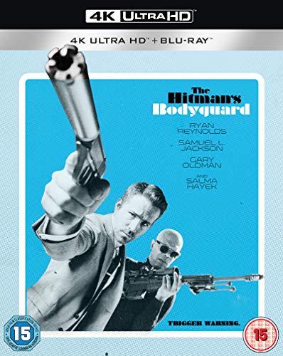 The Hitman's Bodyguard" UHD Blu-ray cover with Ryan Reynolds and Samuel L. Jackson.
