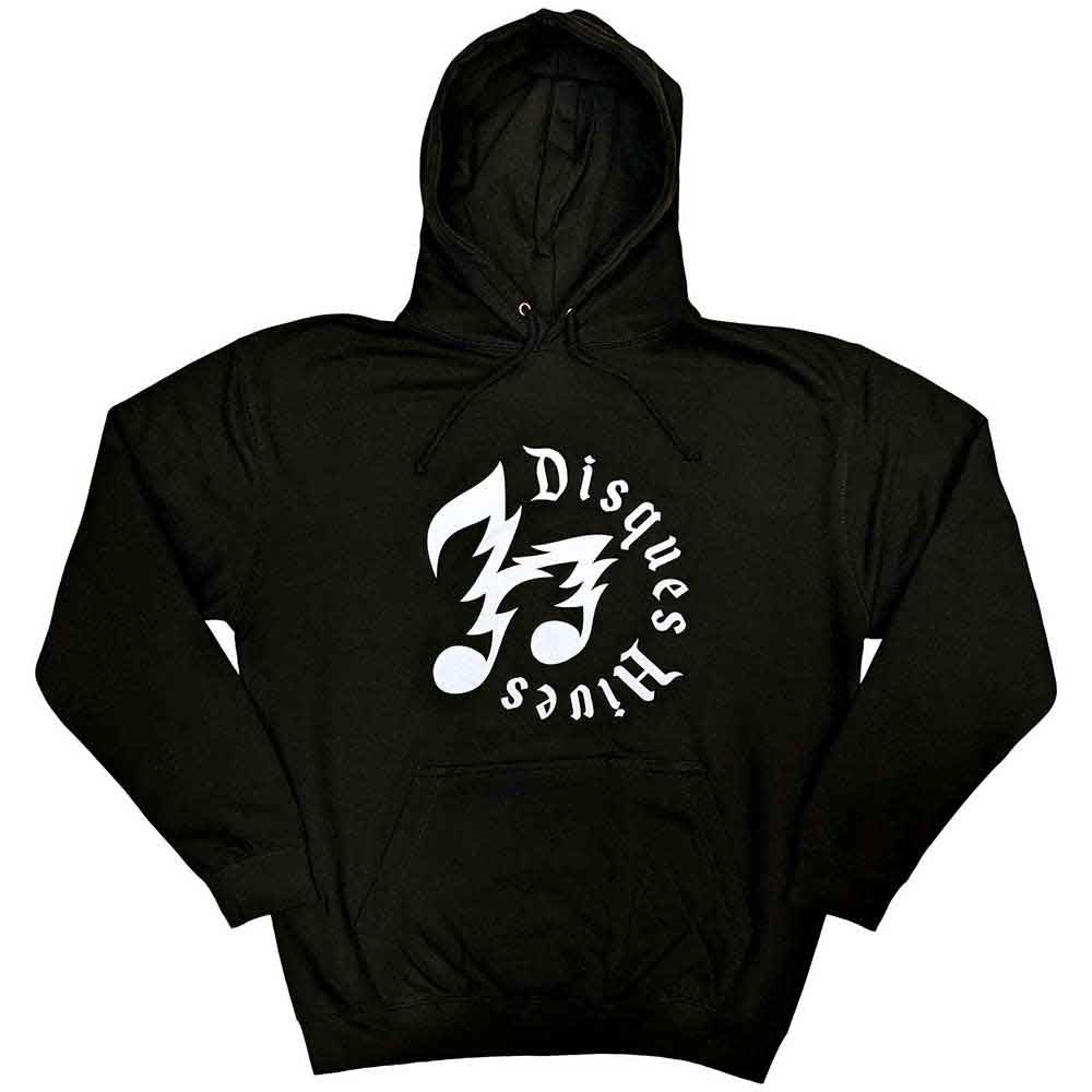Black unisex pullover hoodie featuring a white Disques Hives logo on the chest.