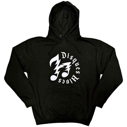 Black unisex pullover hoodie featuring a white Disques Hives logo on the chest.