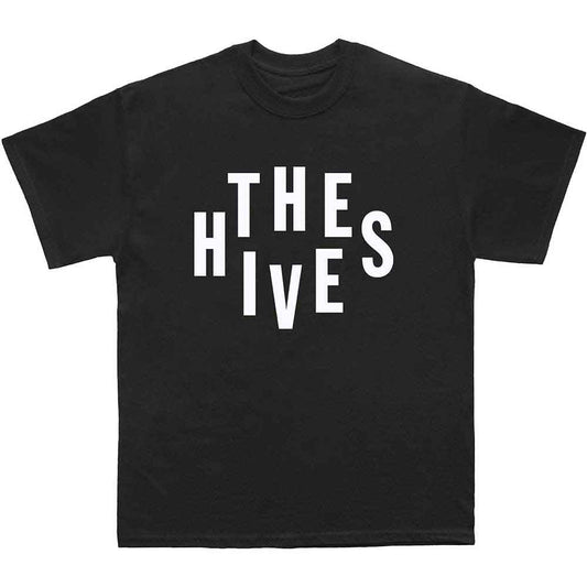 Black t-shirt with large, stacked white “The Hives” band logo print.