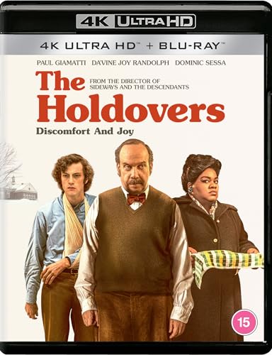 The Holdovers 4K Ultra HD Blu-ray cover featuring three actors against a white background.