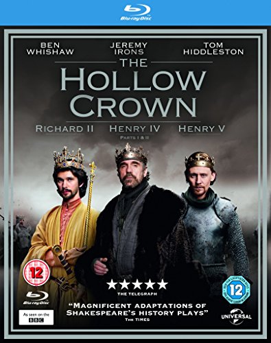 Blu-ray cover for "The Hollow Crown" featuring three actors in royal attire.