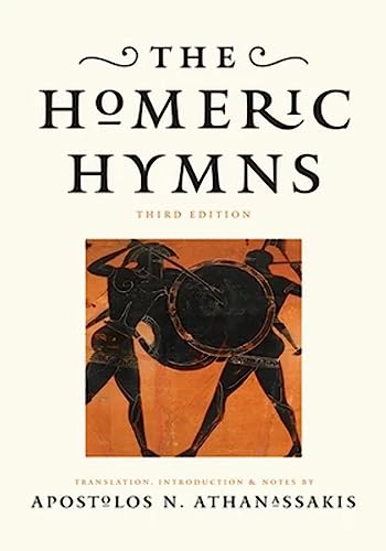 Book cover: "The Homeric Hymns" with ancient Greek pottery illustration.
