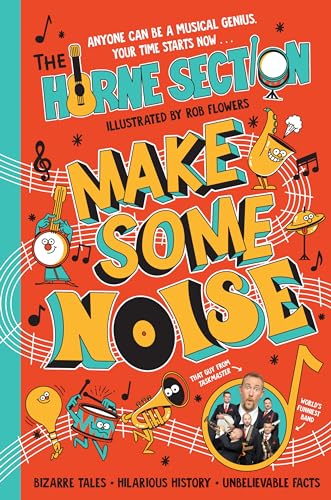 Book cover with orange background, cartoon musical instruments, and a photo of a band.
