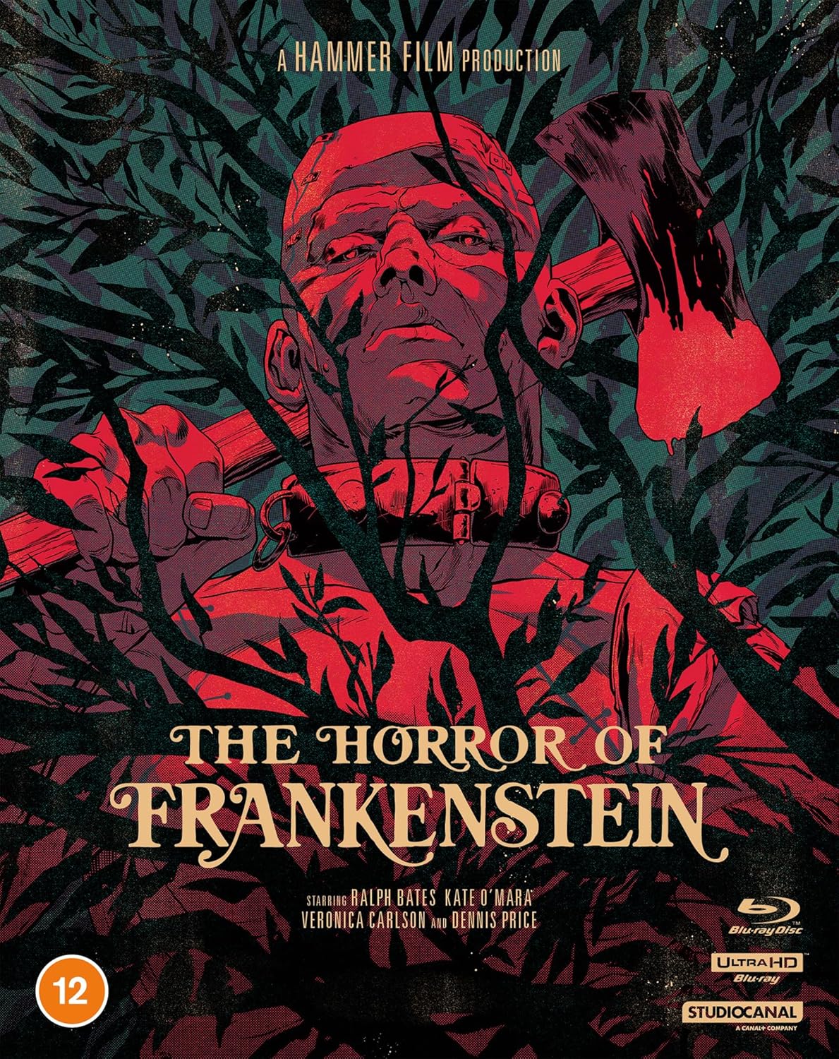 Frankenstein's monster face in red and green, Blu-ray collector’s edition cover.