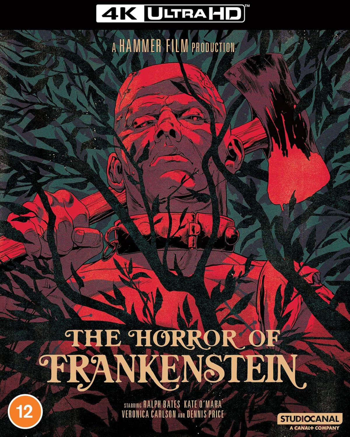 “The Horror of Frankenstein” UHD Blu-ray cover featuring a monstrous face.