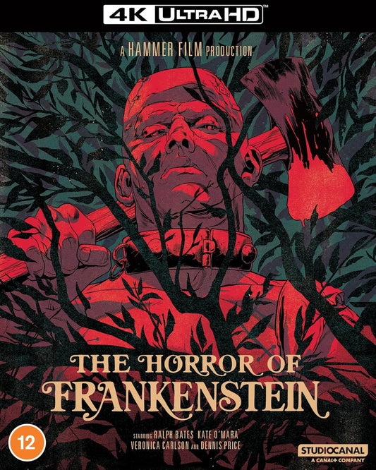 “The Horror of Frankenstein” UHD Blu-ray cover featuring a monstrous face.