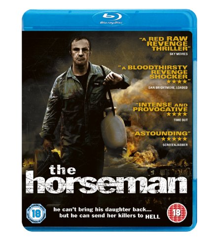 Blu-ray cover for The Horseman featuring a man walking past a burning explosion.