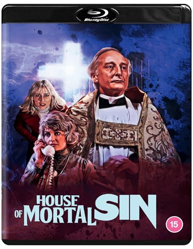 Blu-ray cover for "House of Mortal Sin" featuring a priest and two women.