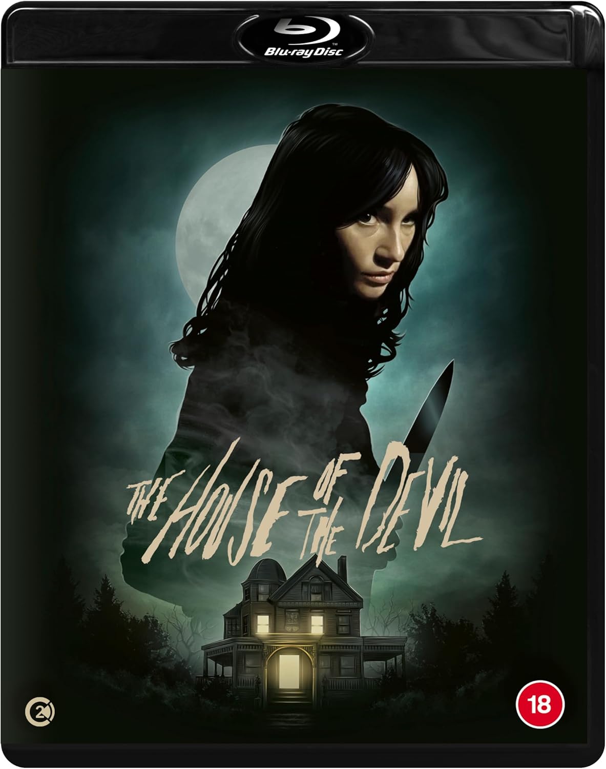 Blu-ray cover art featuring a woman holding a knife above an old house.