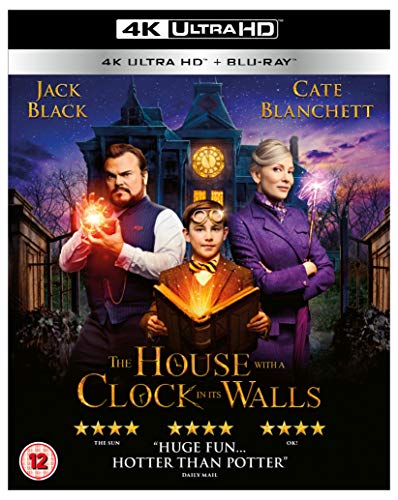 "Movie cover featuring three characters in front of a house with a clock."