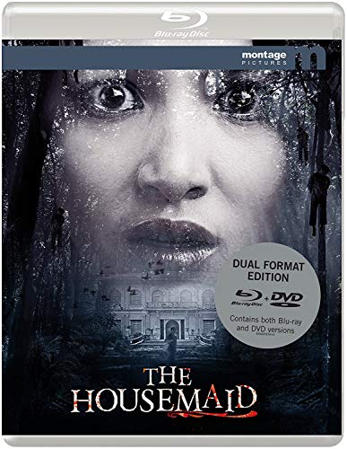 Blu-ray cover for "The Housemaid" featuring a woman’s face and ghostly figures.