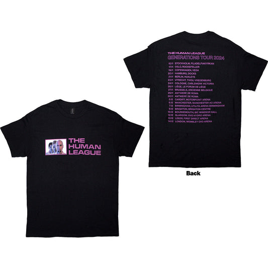 White t-shirt with The Human League's Generations Tour '24 photo on the back.