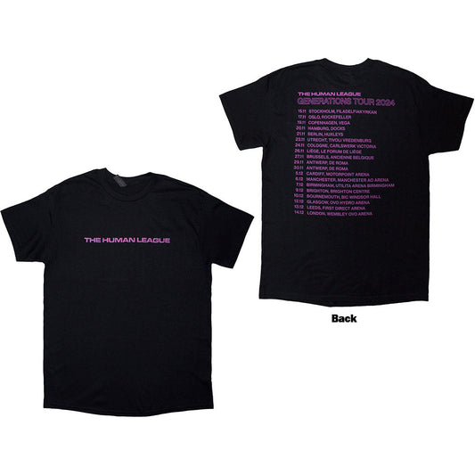 Black t-shirt with white text advertising The Human League's Generations Tour '24 on the back.