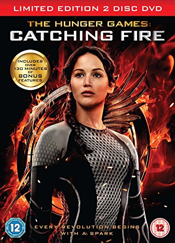 “The Hunger Games: Catching Fire” DVD cover featuring Jennifer Lawrence amid flames.