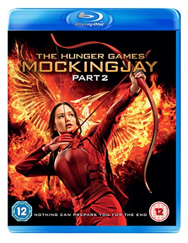 Katniss Everdeen aiming a bow and arrow against a background of fire and wings.
