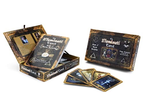 Wooden box containing "The Illuminati Tarot" deck and several cards displayed.