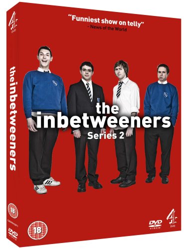 Red DVD cover for “The Inbetweeners Series 2” featuring four teenage boys.