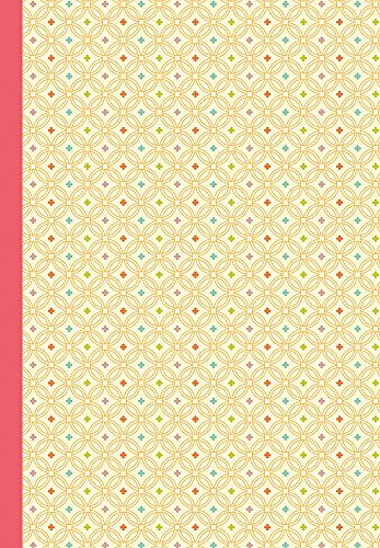Pale yellow notebook cover with repeating colorful circular pattern.