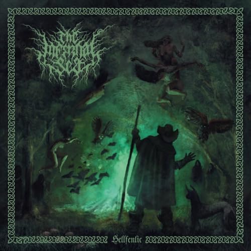 Dark fantasy album cover with figures, bats, and ornate border.