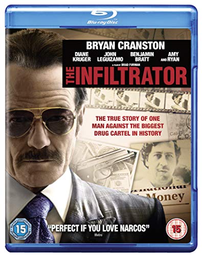 Blu-ray cover for "The Infiltrator" featuring Bryan Cranston in disguise.