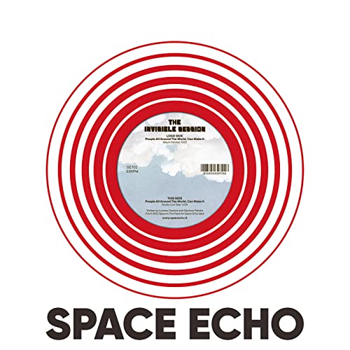 Vinyl record with concentric red and white rings, and text labels.