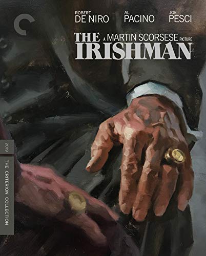 “The Irishman” Blu-ray cover featuring painted portraits and a hand with rings.