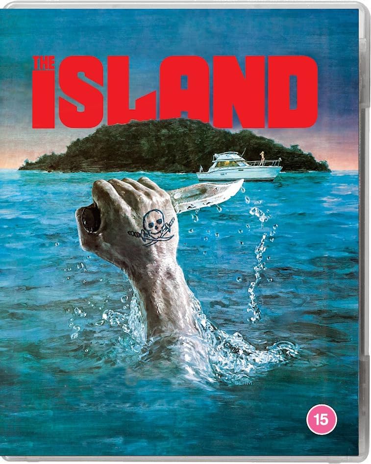 Blu-ray cover for "The Island" showing a hand rising from blue water.