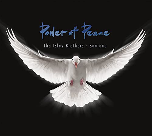 A white dove flying against a black background with the text Power of Peace.