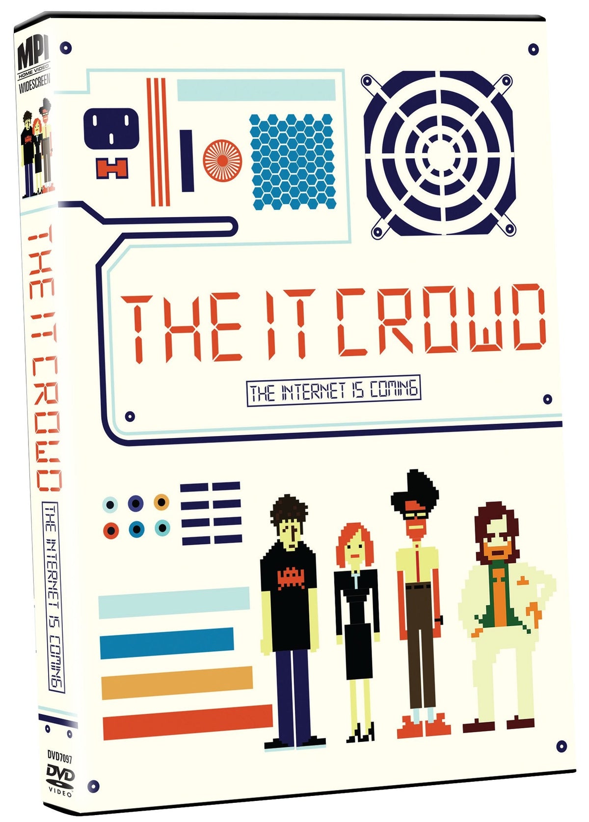 DVD cover for "The IT Crowd" featuring pixelated characters and tech designs.