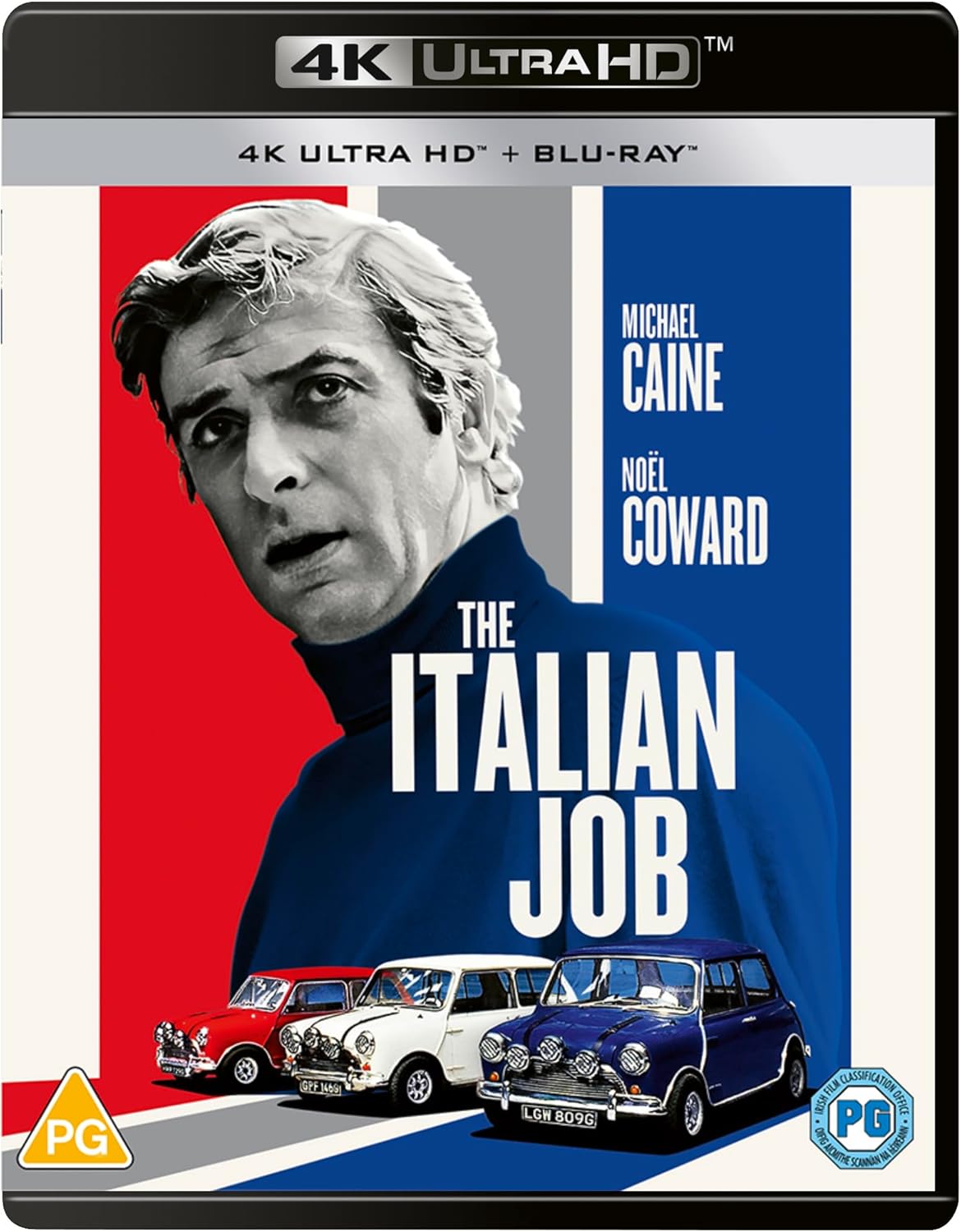 The Italian Job" (1969) Blu-ray cover featuring Michael Caine and Mini Coopers.