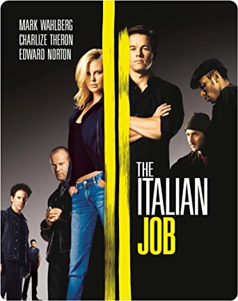 "The Italian Job" Blu-ray cover featuring six actors against a black and grey background.