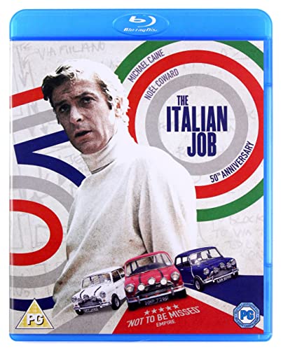 Blu-ray cover for "The Italian Job" featuring Michael Caine and Mini Coopers.