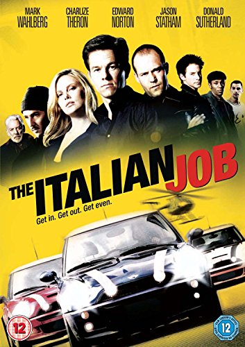 "The Italian Job" DVD cover featuring actors and two Mini Coopers on a yellow background.