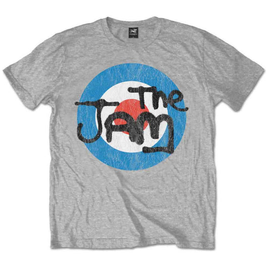 Grey t-shirt with a circular "The Jam" logo in red, white, and blue.