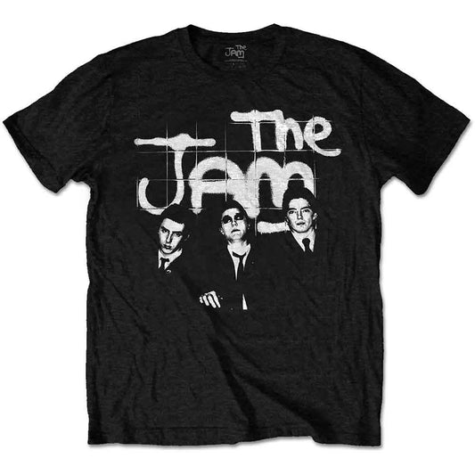 Black and white group photo of The Jam band on a medium unisex t-shirt.