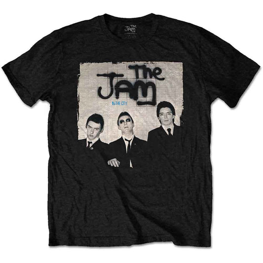 Black t-shirt with a graphic of the band The Jam on the front.