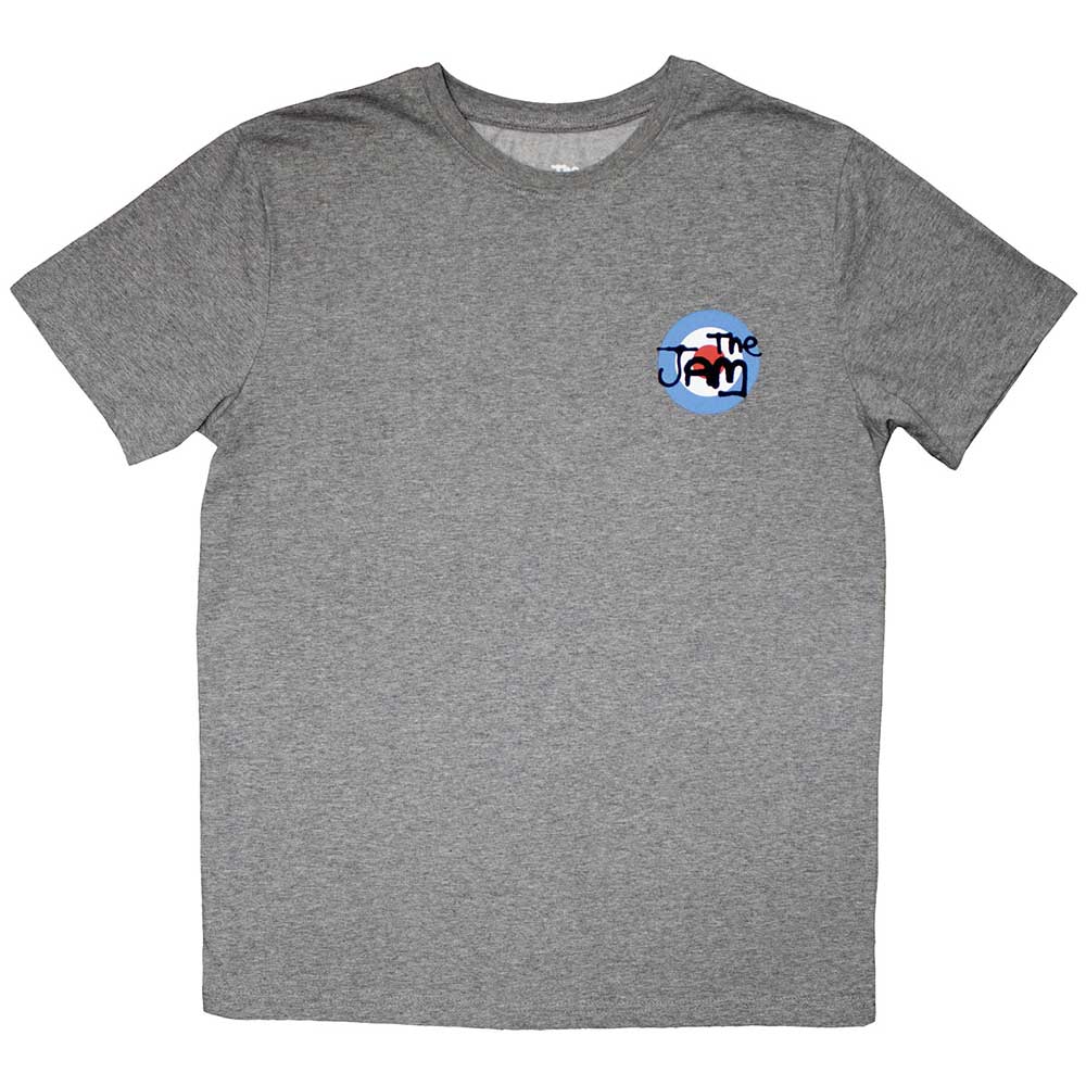 Unisex black t-shirt featuring a small circular red, white, and blue target logo.