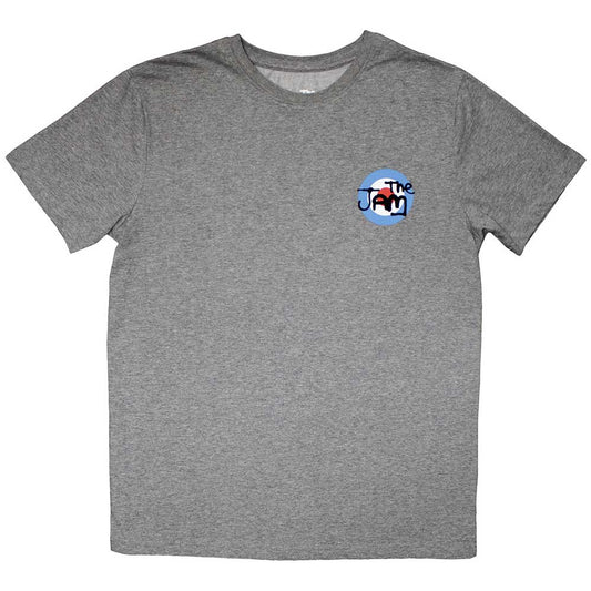 Unisex black t-shirt featuring a small circular red, white, and blue target logo.
