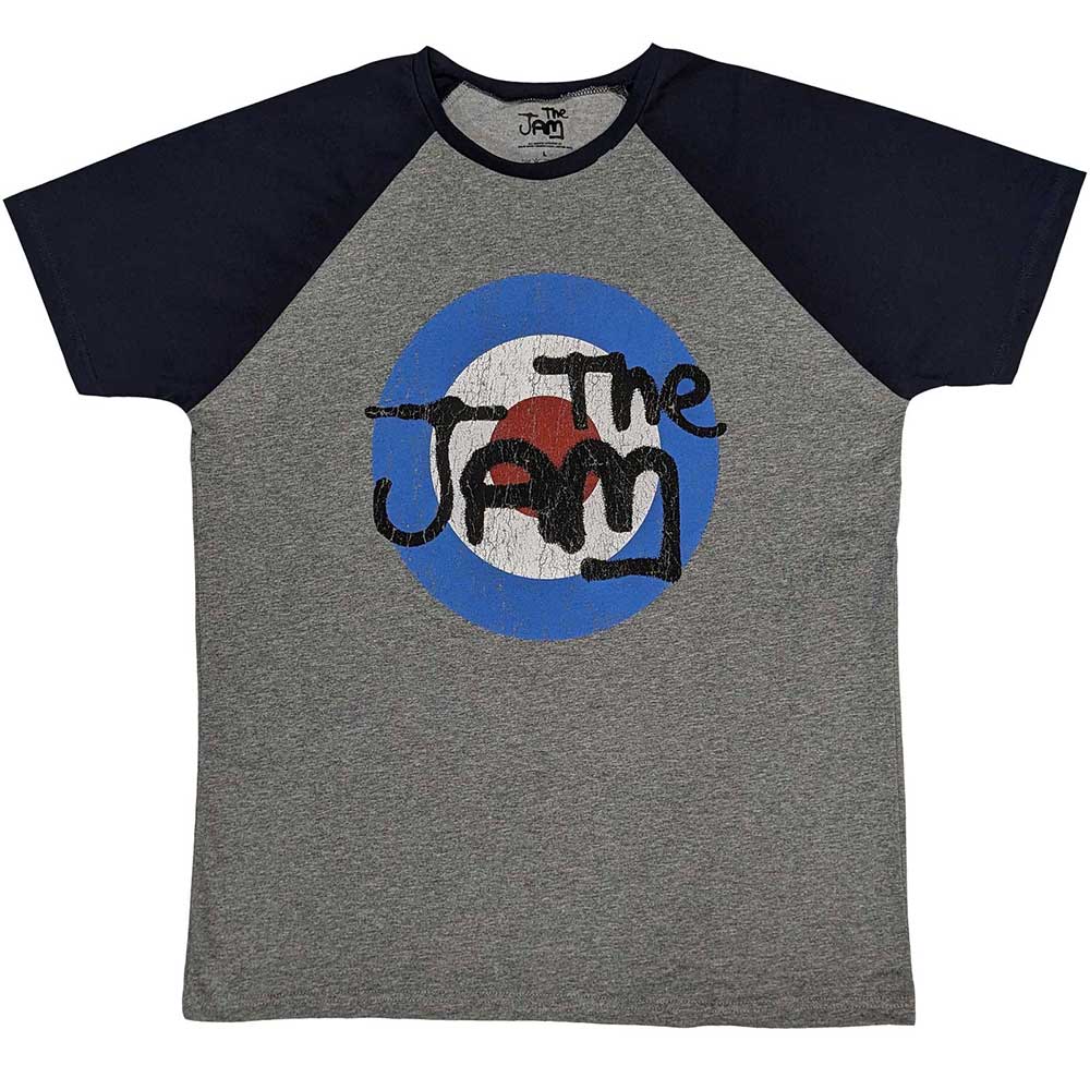 Unisex raglan T-shirt featuring The Jam vintage logo on a white and black design.