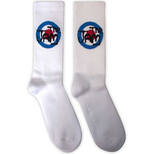 White terry crew socks with repeated red Target logos.