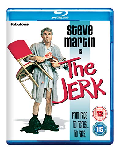 "Blu-ray case with Steve Martin holding a chair, wearing a bathrobe and muddy boots."