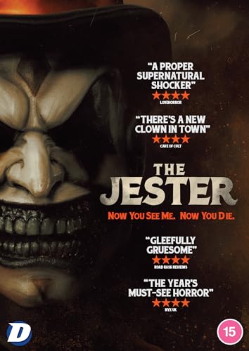 DVD cover for horror film "The Jester" featuring a clown’s menacing face.