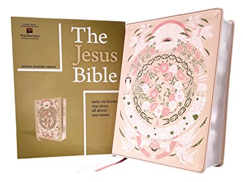 Peach floral leathersoft Bible, open to a decorative endpage with doves.