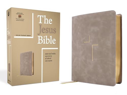 The Jesus Bible ESV Edition in a stone-colored leathersoft cover with its display box.
