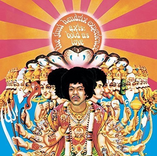 Jimi Hendrix depicted as a multi-armed deity against a pink and orange sunburst background.