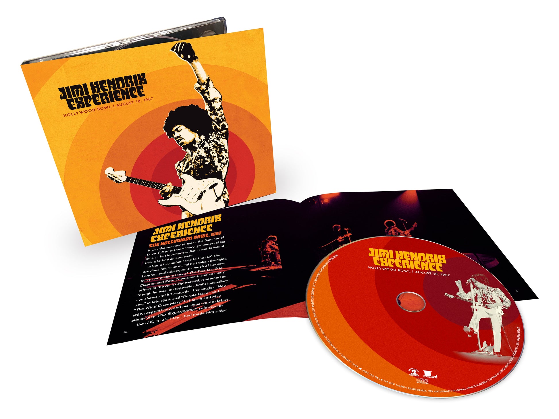 CD case for "The Jimi Hendrix Experience - Live At The Hollywood Bowl 67," featuring Hendrix playing guitar.