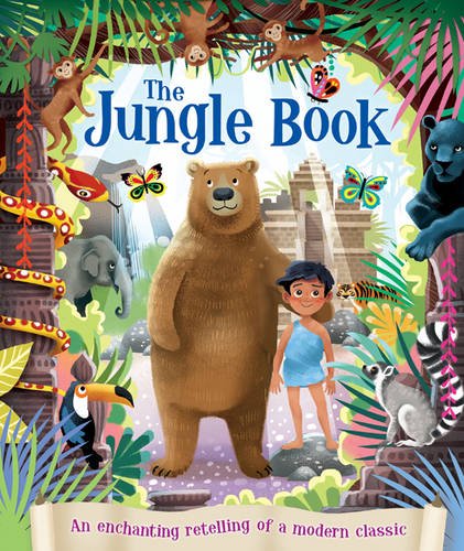 “The Jungle Book” cover with Mowgli, Baloo, and jungle animals.