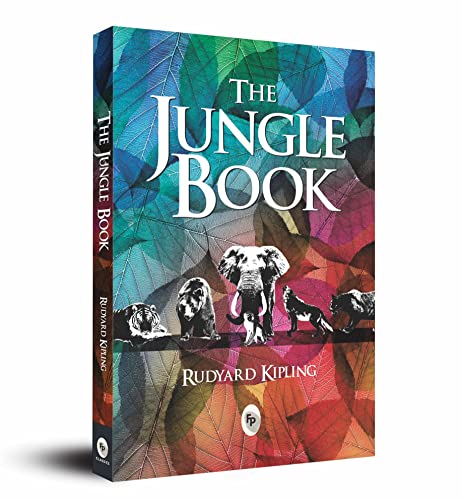 Book cover of "The Jungle Book" featuring animals and colorful foliage.